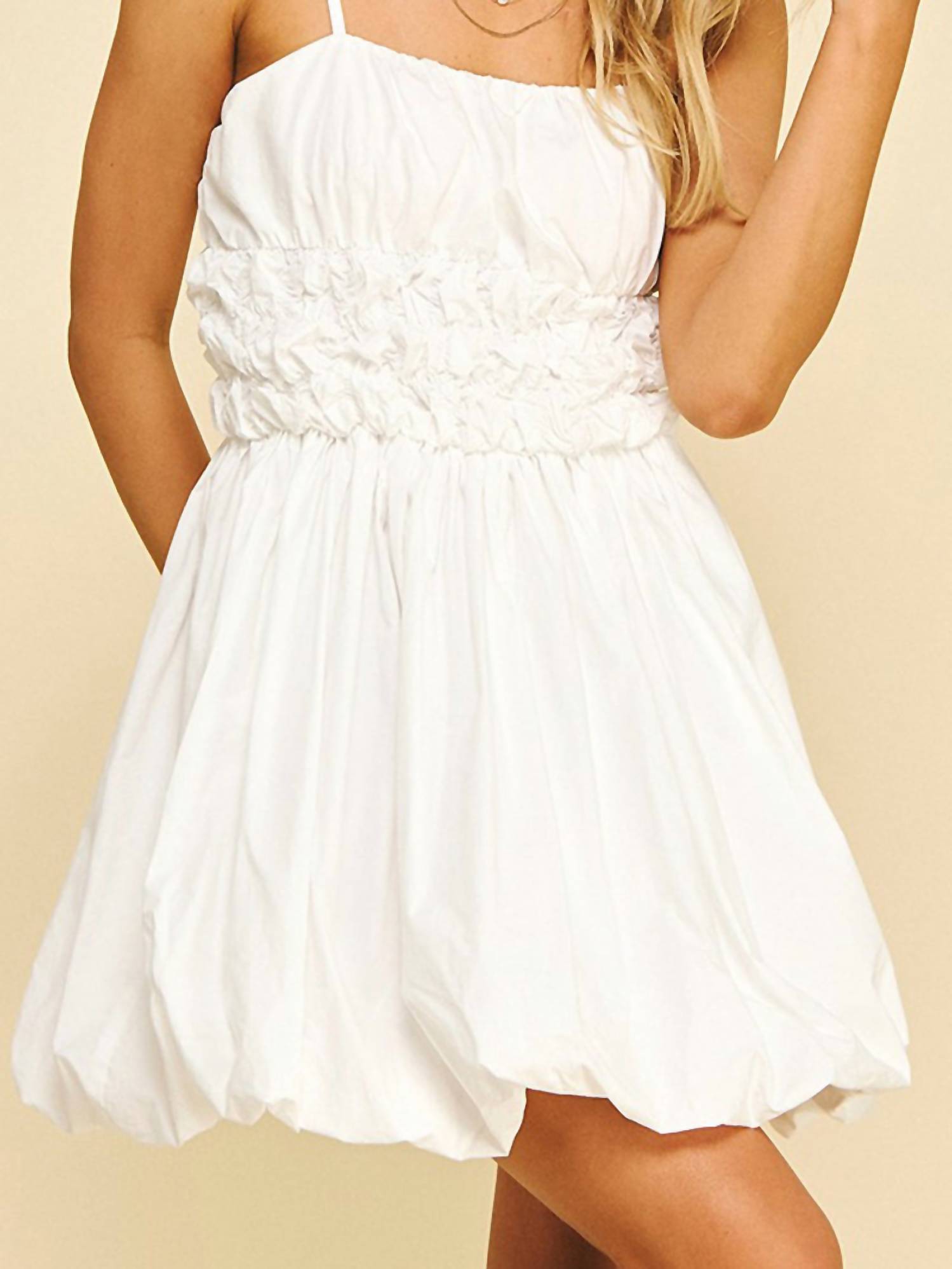PINCH Women's Bubble Hem Mini Dress in white - women's dress - detail view