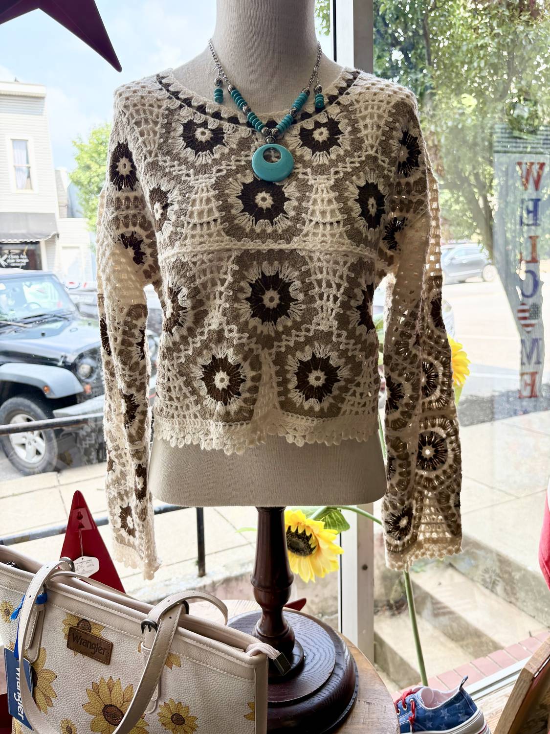 Rebellion Again - Women's Cropped crocheted, granny squared long sleeve sweater