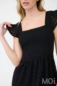 Mine - Eyelet Square Neck Smocked Tiered Midi Dress