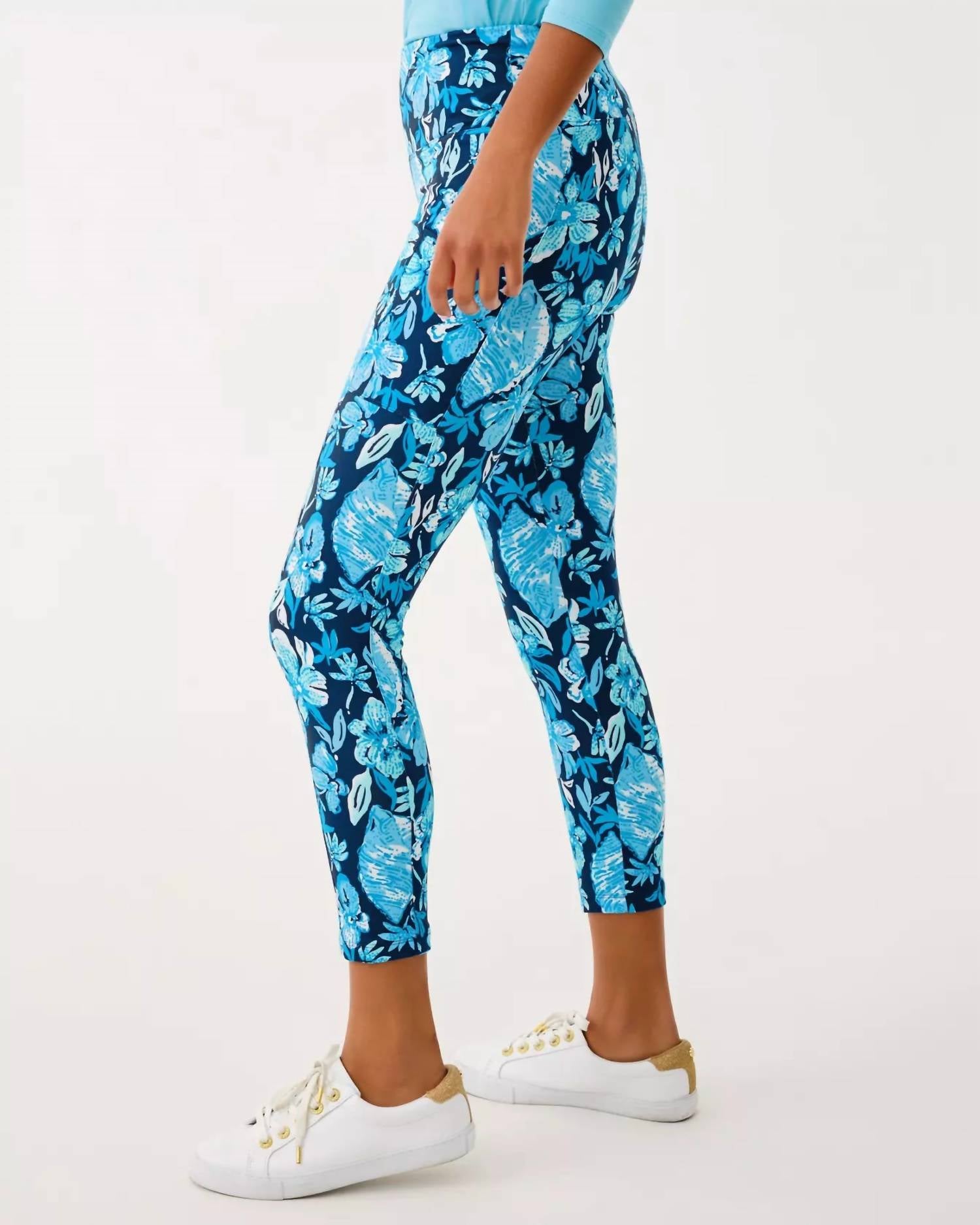 Lilly Pulitzer Weekender High Rise Midi Upf 50+ Leggings in low tide navy crossgrain seashell splendor - women's pants - detail view