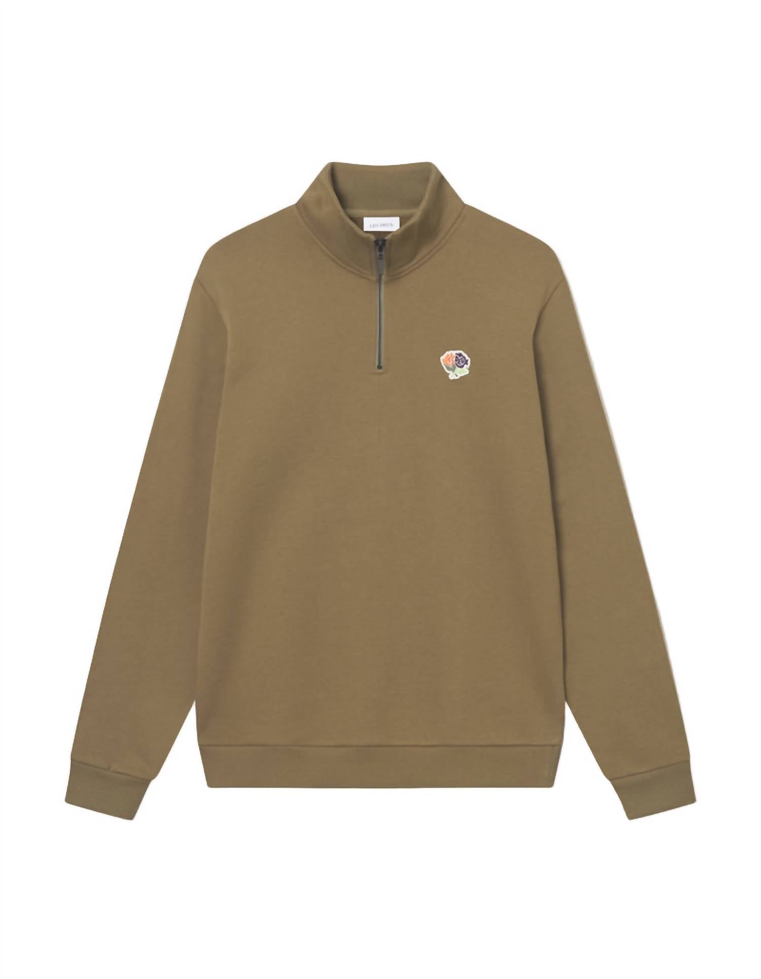 Les Deux Men's Felipe Patch Half-zip Sweatshirt in olive - men's shirt