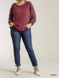 Umgee - Ribbed Sleeve Top In A Waffle Knit With High Low Hem - Plus
