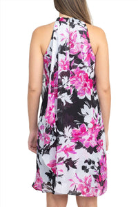 S.L. Fashions - Halter Neck Floral Print Overlay Chiffon Dress