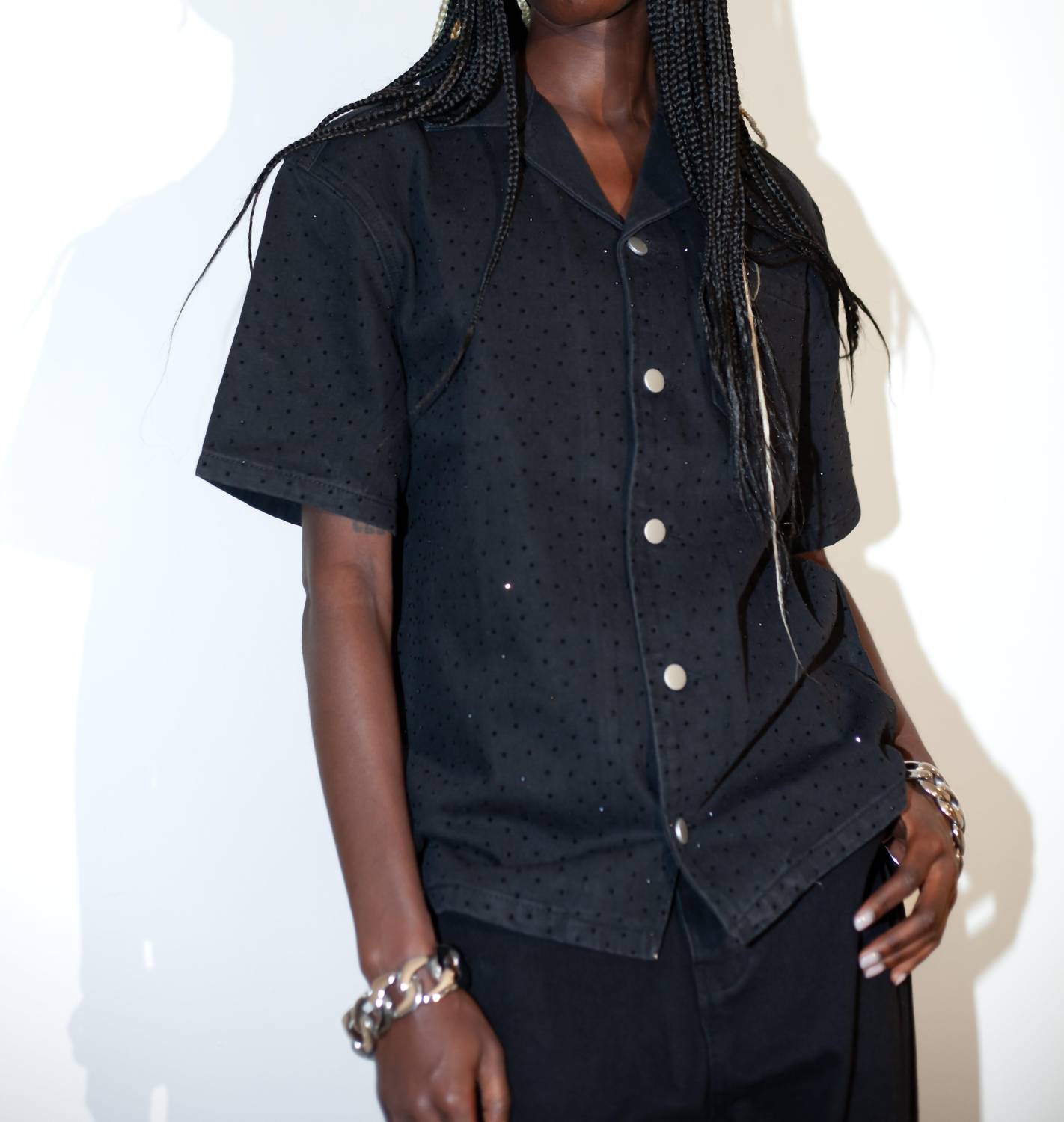 knotWTR Crystal Denim Short Sleeve Shirt in black - women's shirt - view 5