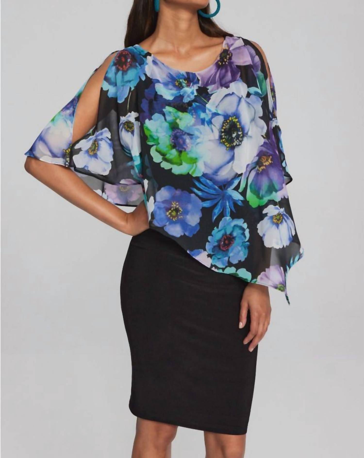 Joseph Ribkoff - Floral Chiffon Overlay Slit Sleeve Sheath Dress