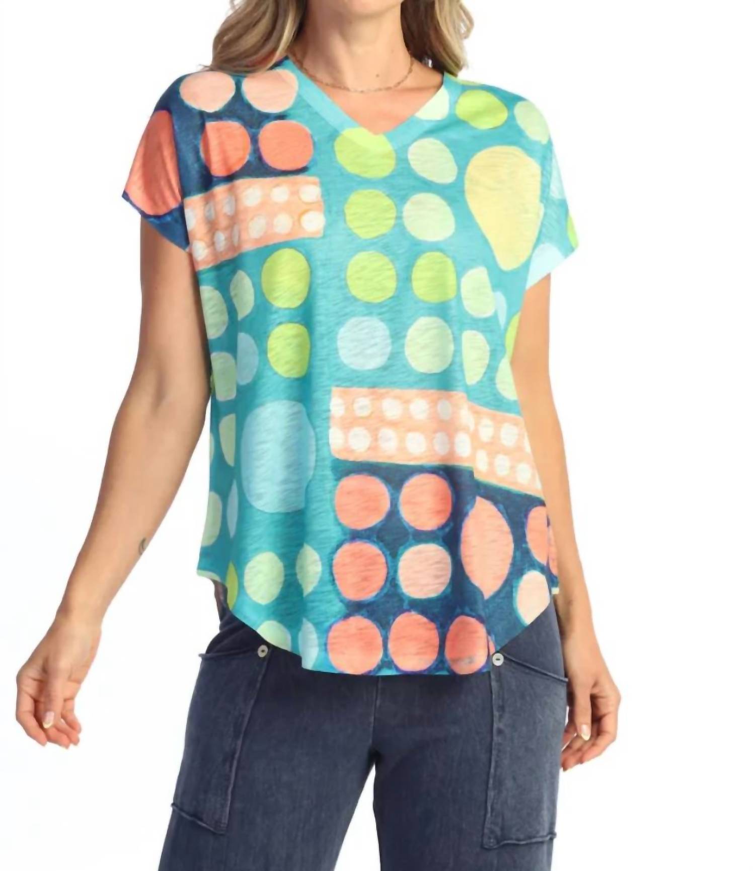 Jess & Jane - Short Sleeve V Neck Multi Dot Top