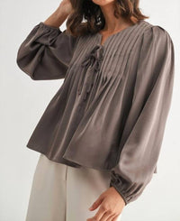 Fun 2 Fun Pin Tuck Front Tie Blouse in dark taupe - women's blouse - view 5