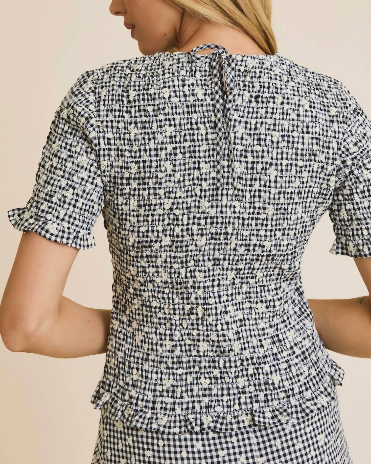 Gilli - Round Neck Half Sleeve Smocked Eyelet Top And Mini Skirt Set