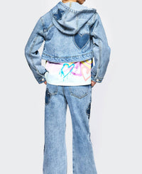 Hannah Banana Rhinestone Shadow Heart Denim Jacket in blue - kids' jacket - detail view