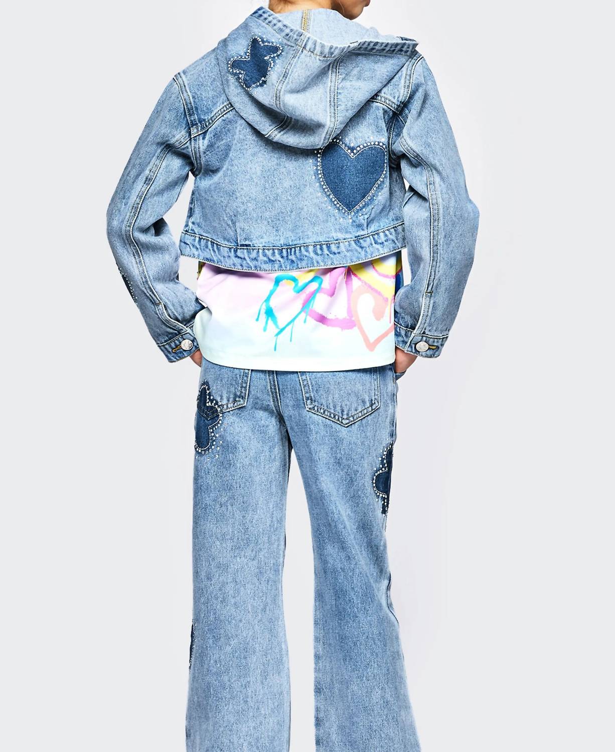 Hannah Banana Rhinestone Shadow Heart Denim Jacket in blue - kids' jacket - detail view