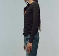 THE GREAT. The Baby Rib Henley Top in black - women's long sleeve top - alternate view