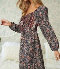 DAVI & DANI Long Sleeve Floral Print Maxi Dress in paisley and ditsy floral - women's dress - detail view