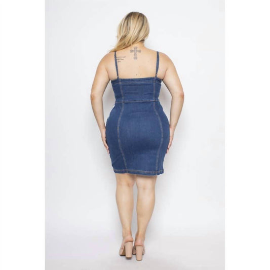 Curve Market - Square Neck Button Down Side Pockets Denim Mini Dress