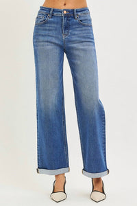 RISEN High Rise Relaxed Fit Ankle Straight Jeans in medium wash - women's jeans - detail view