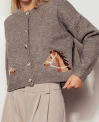 Urban Daizy - Western Horse Graphic Ribbed Trim Crew Neck Cardigan