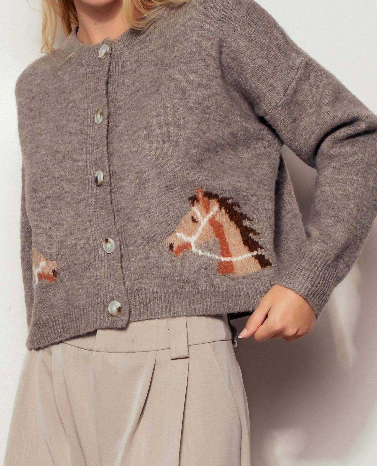Urban Daizy - Western Horse Graphic Ribbed Trim Crew Neck Cardigan