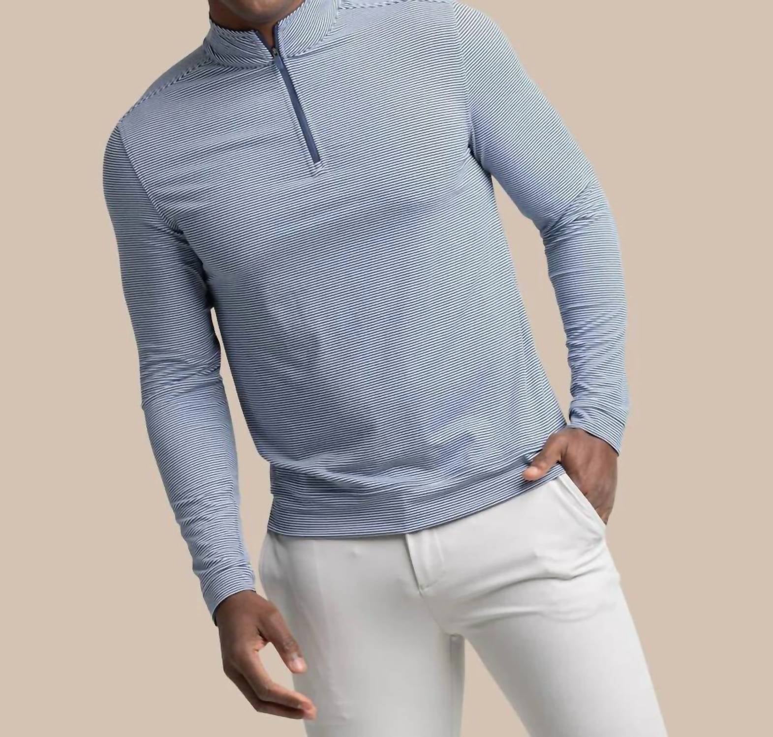 SOUTHERN TIDE Cruiser Micro Stripe Quarter Zip Top in heather navy - men's long sleeve top - detail view