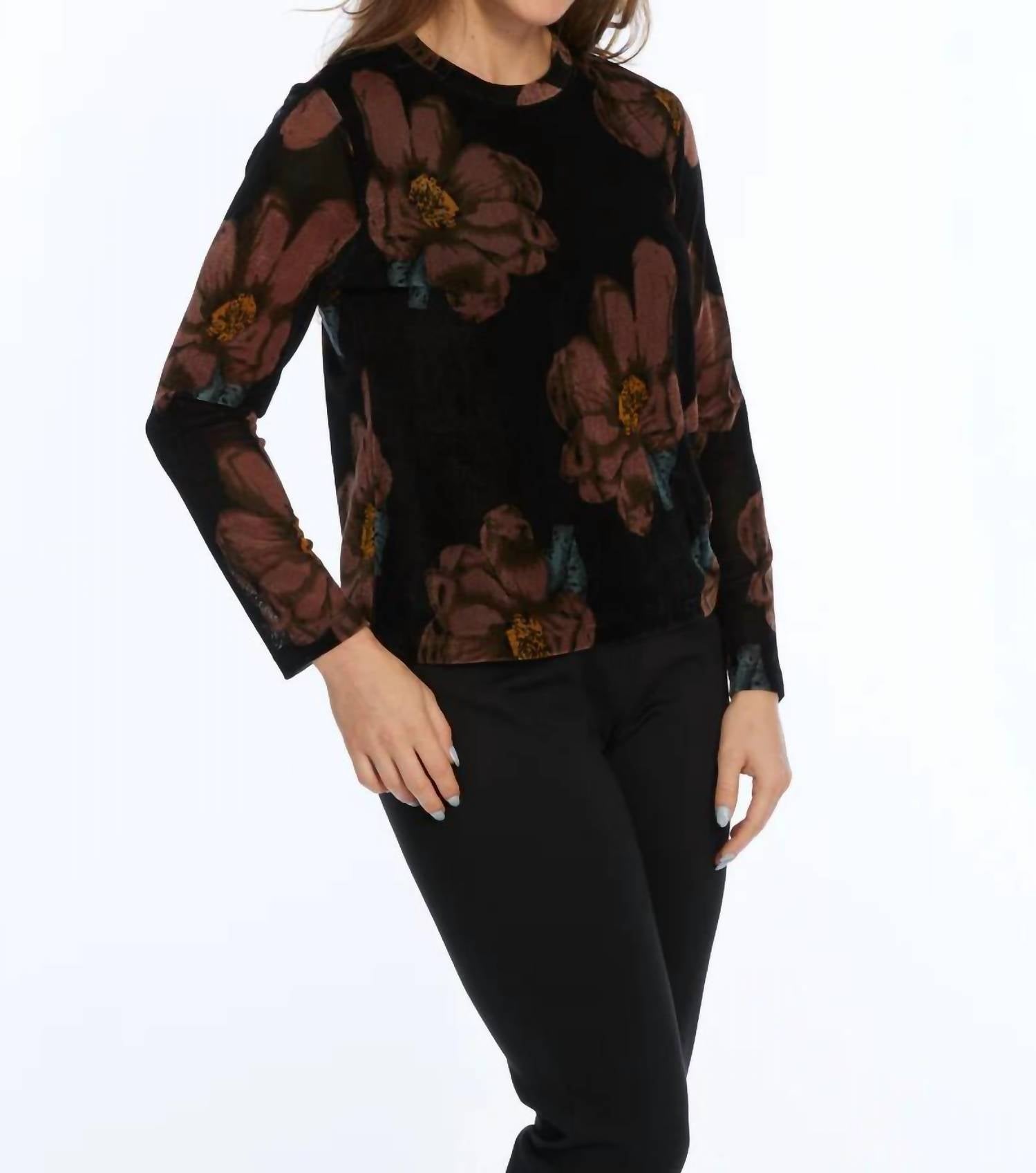 LIOR Velvet Mesh round neck top in black brown blue - women's long sleeve top - alternate view