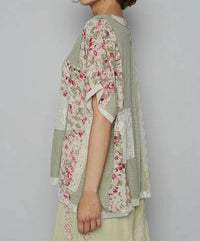 Pol - Sheer Strip Floral Patch Oversize Top