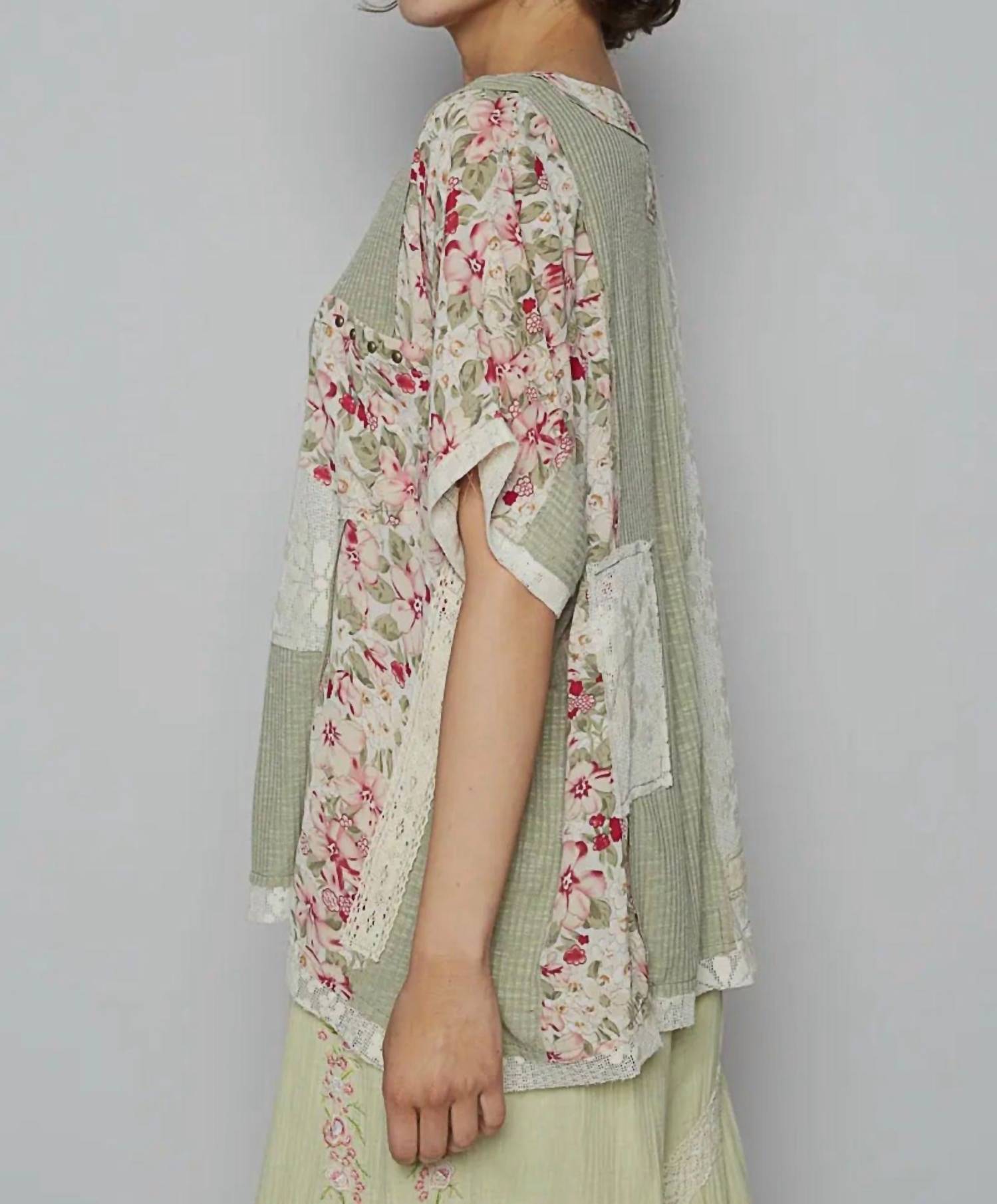 Pol - Sheer Strip Floral Patch Oversize Top
