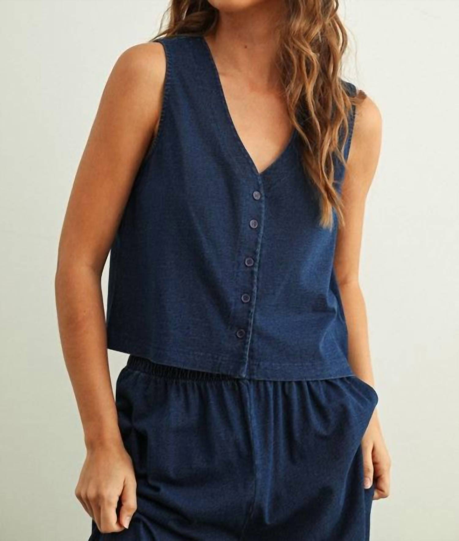 MIOU MUSE Dye And Wash Knitted Top in indigo - women's tank top