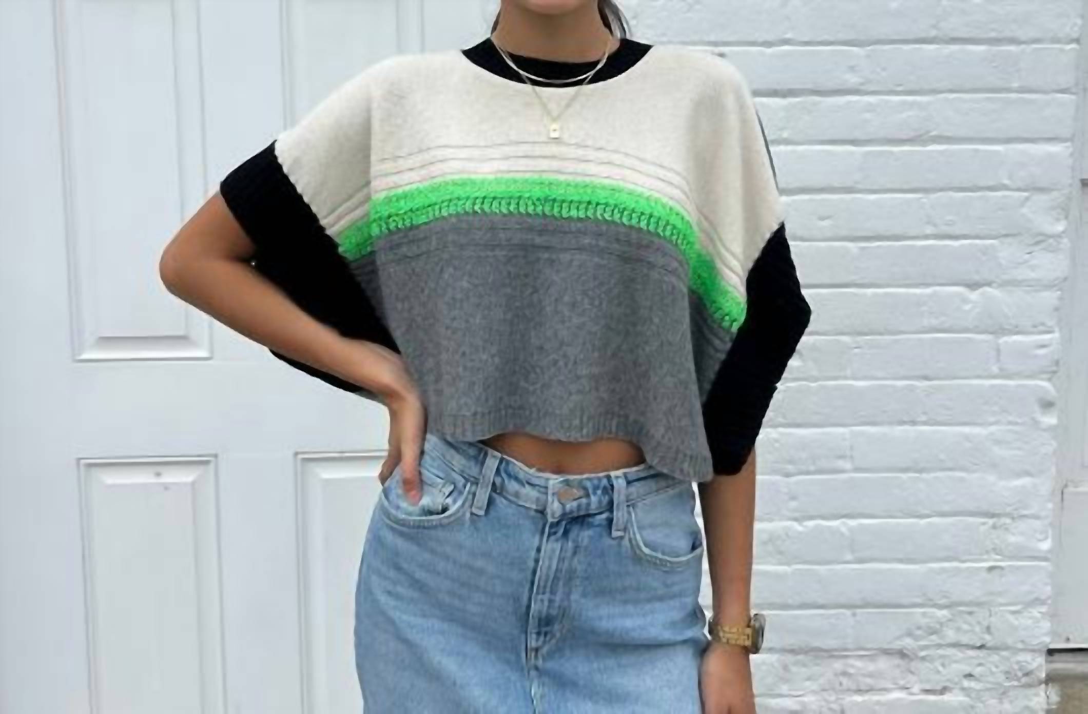 Tricot Chic Short Sleeve Crop Cape Sweater in black and grey - women's sweater
