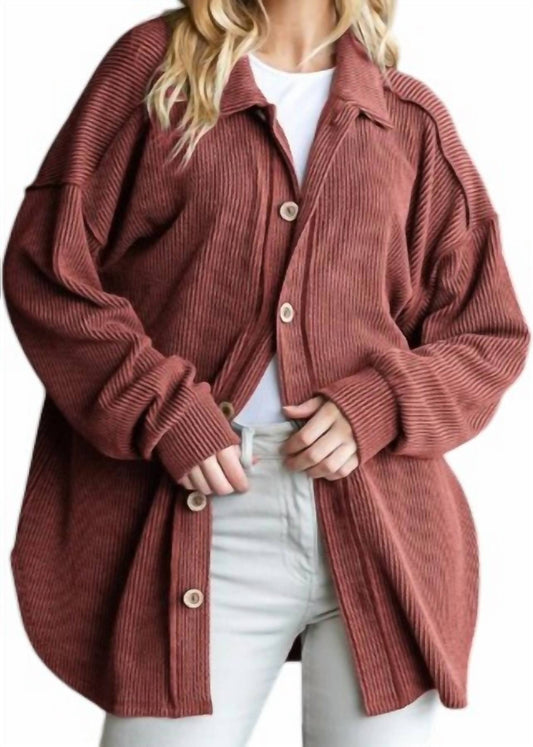 Heimish Usa - Basic Collar Solid Urban Ribbed Button Down Shacket Curvy