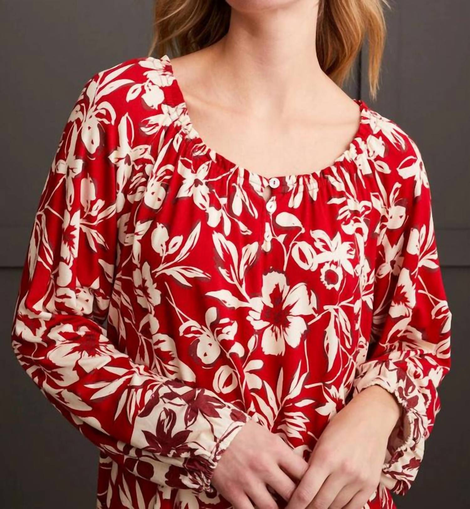 TRIBAL Long Sleeve Peasant Top With Buttons in scarlet 1 - women's blouse - detail view