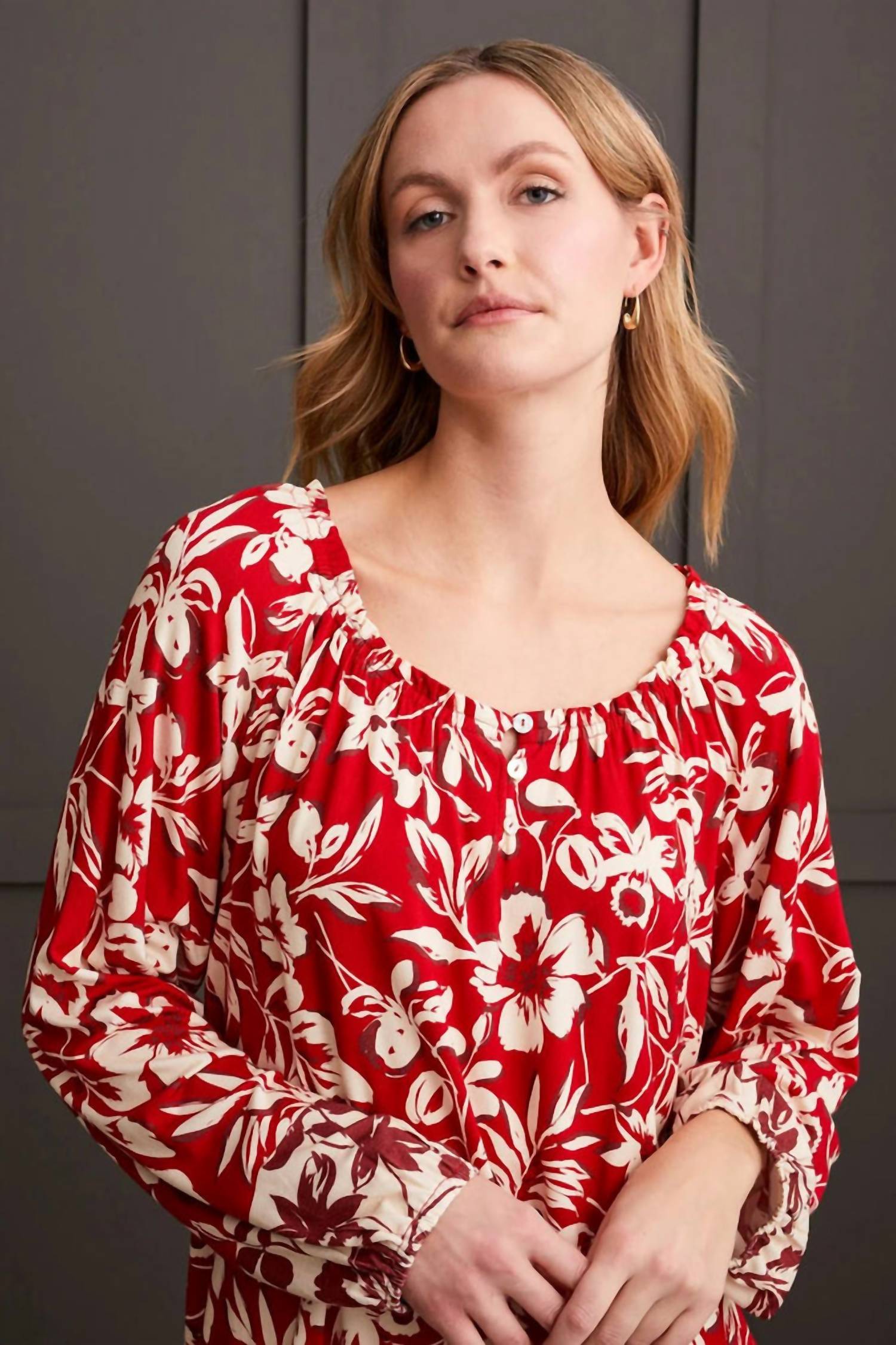 TRIBAL Long Sleeve Peasant Top With Buttons in scarlet 1 - women's blouse - alternate view