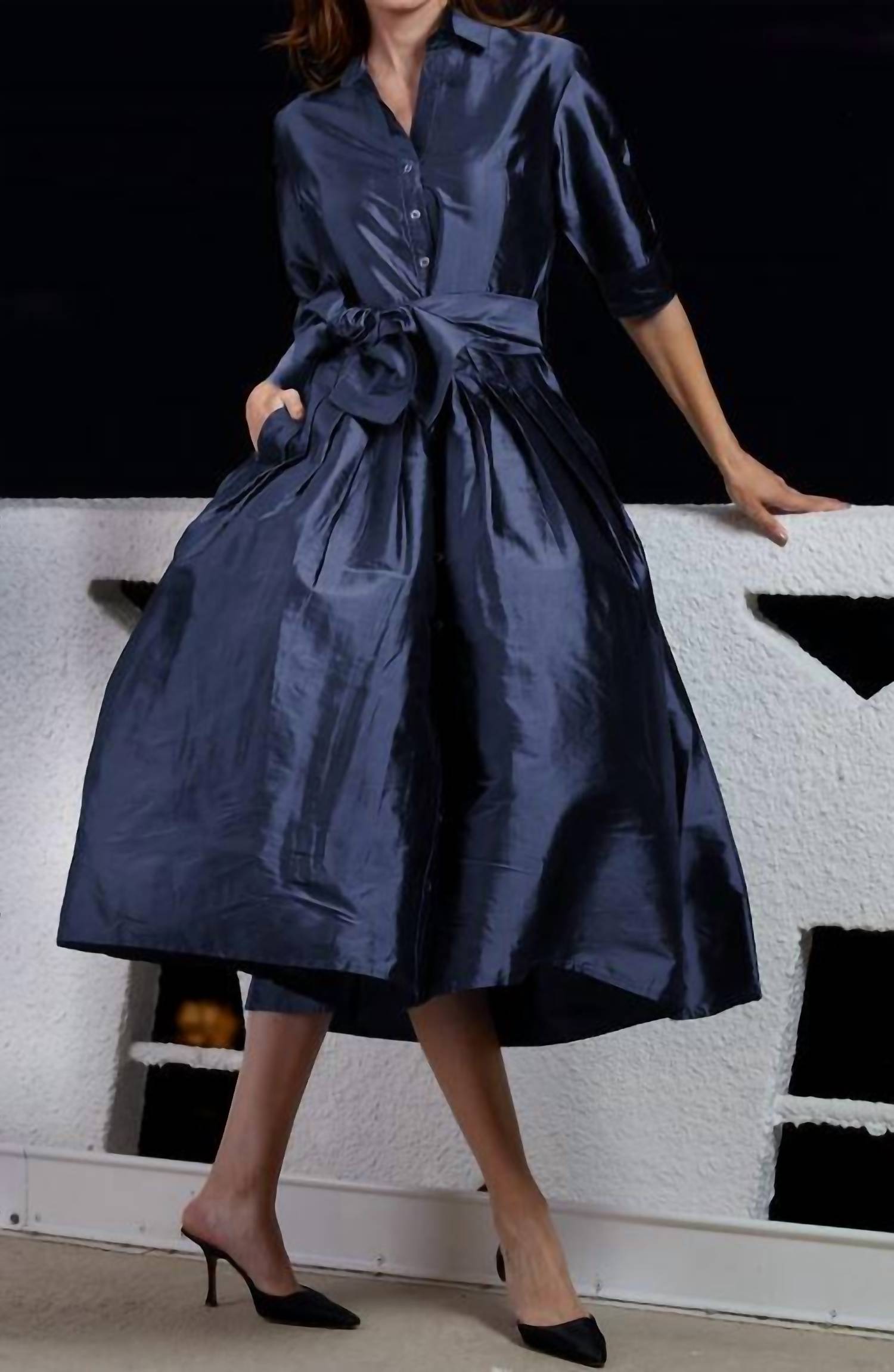 Dizzy-Lizzie Mrs Maisel Silk Tea Length Dress in navy - women's dress