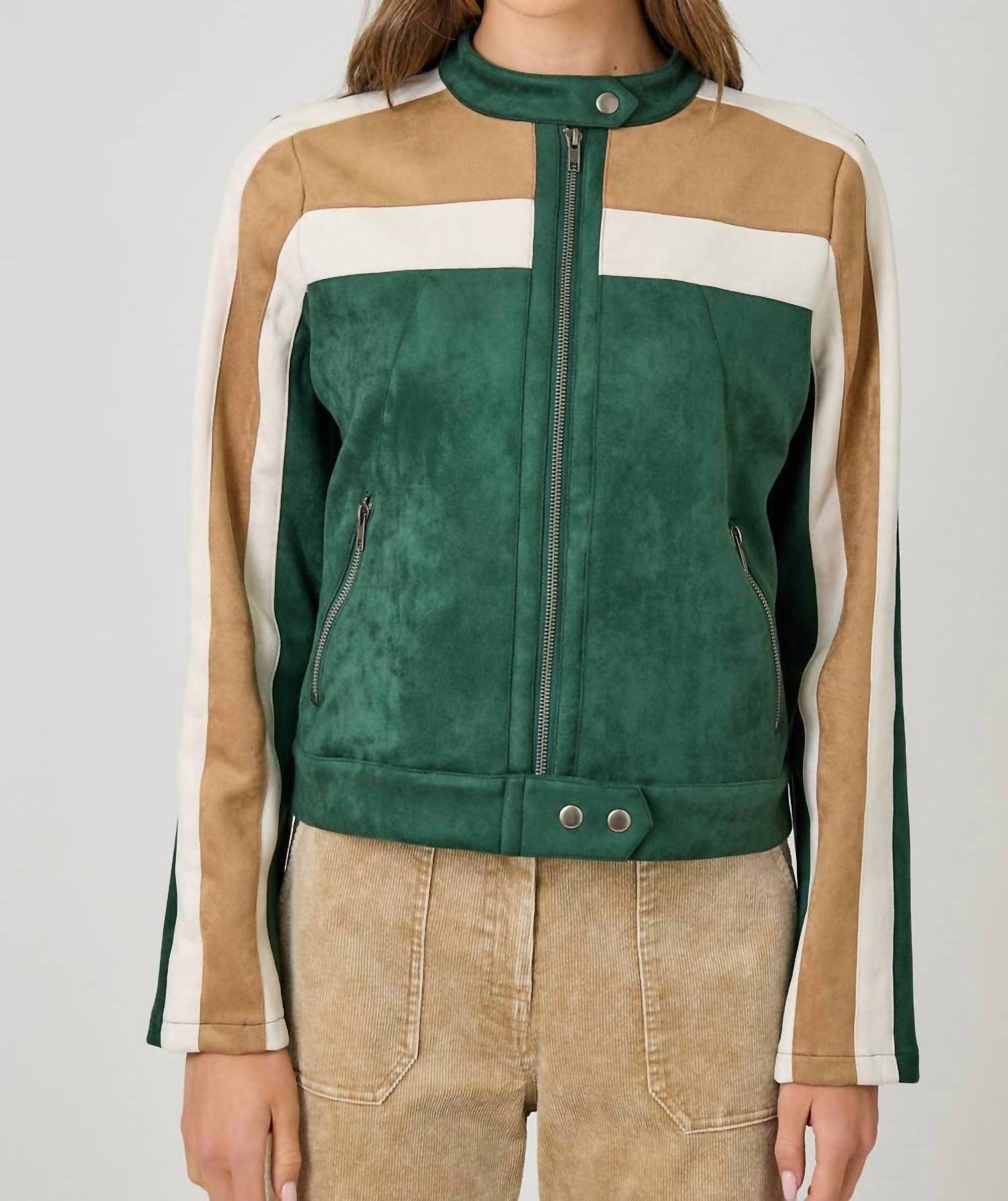 mystree Colorblock Faux Suede Racer Jacket in green mix - women's jacket - alternate view