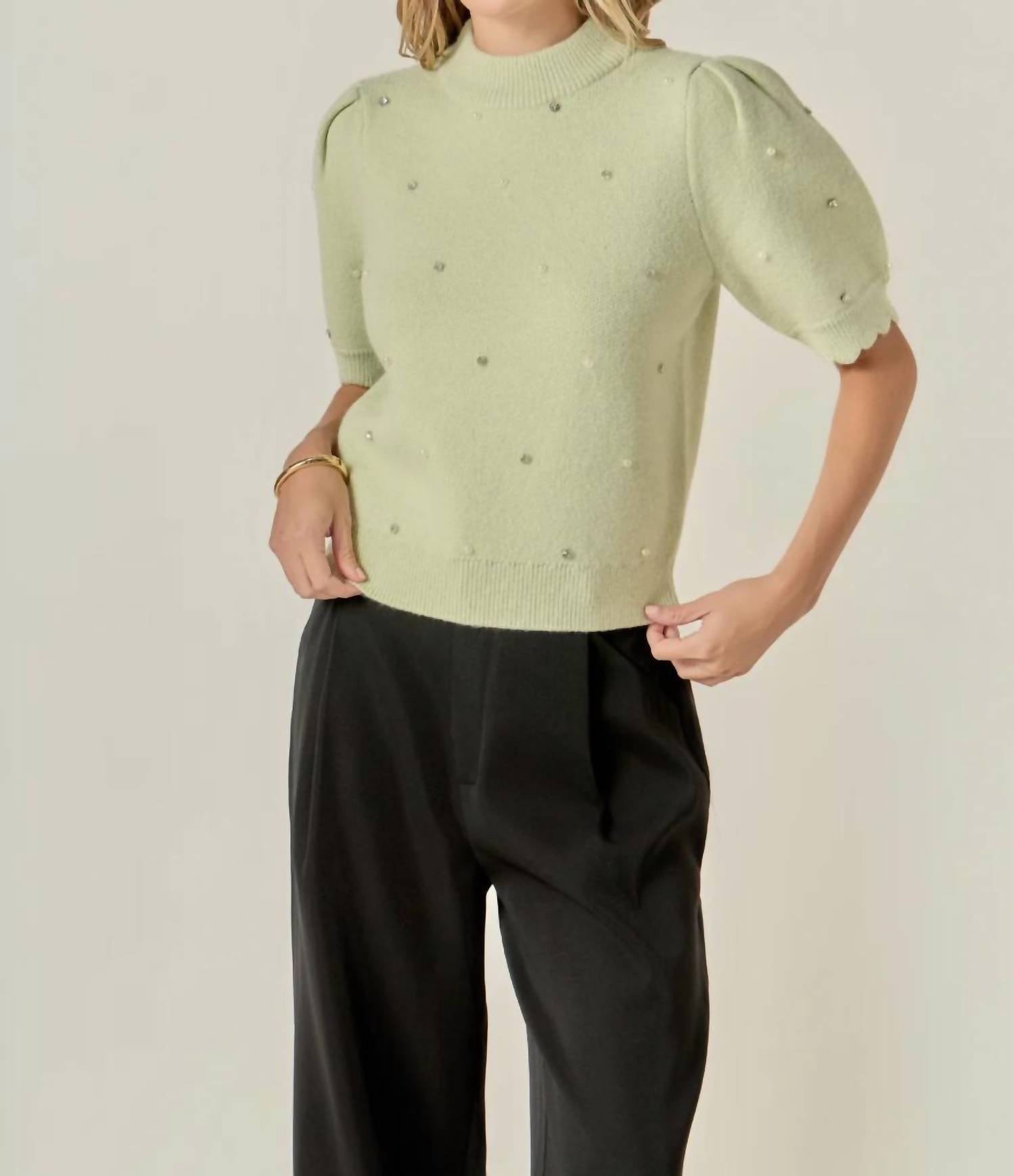 English Factory - Women's Scalloped Puff Sleeve Embellishment Knit Top