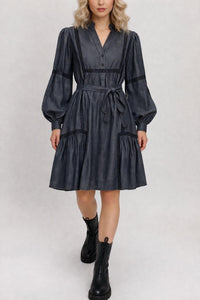 Gold Hawk Denim Tencel Lace Trim Dress in dark grey - women's dress