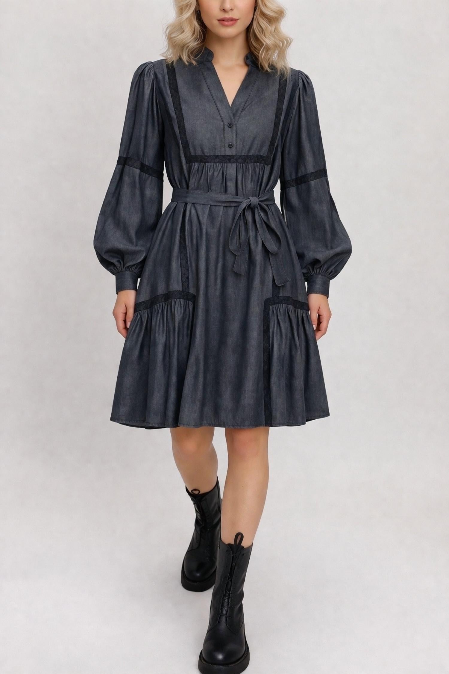 Gold Hawk Denim Tencel Lace Trim Dress in dark grey - women's dress