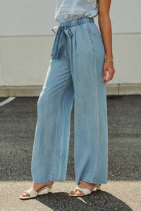 Urban Daizy - Tencel Wide-leg Denim Drawstring Pant