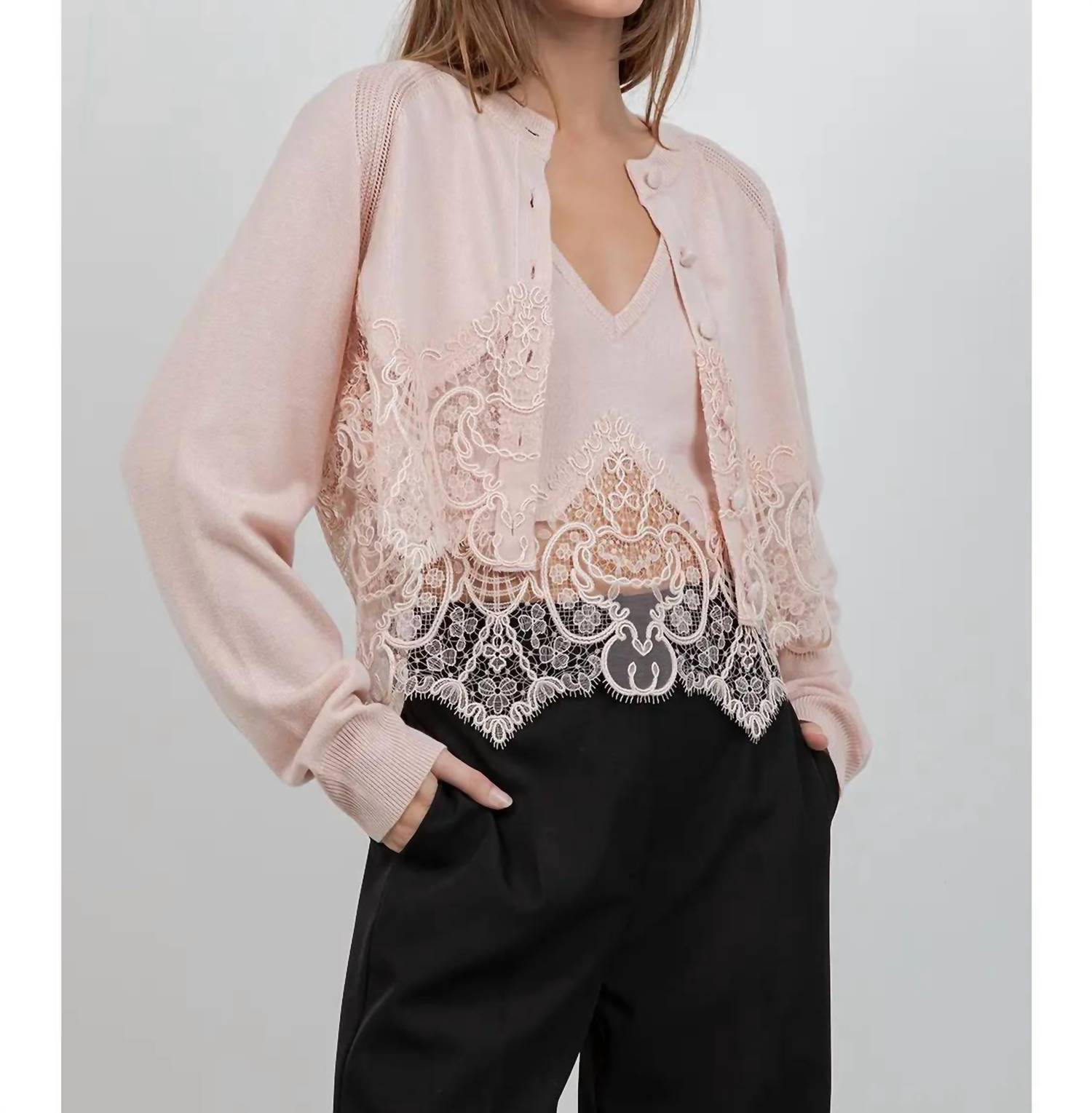Whiteroom+Cactus - Knitted Sweater Cardigan with Lace Edge Detailing