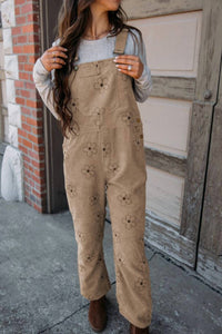Umorger Flower Print Orduroy Overalls in khaki - women's jeans - detail view