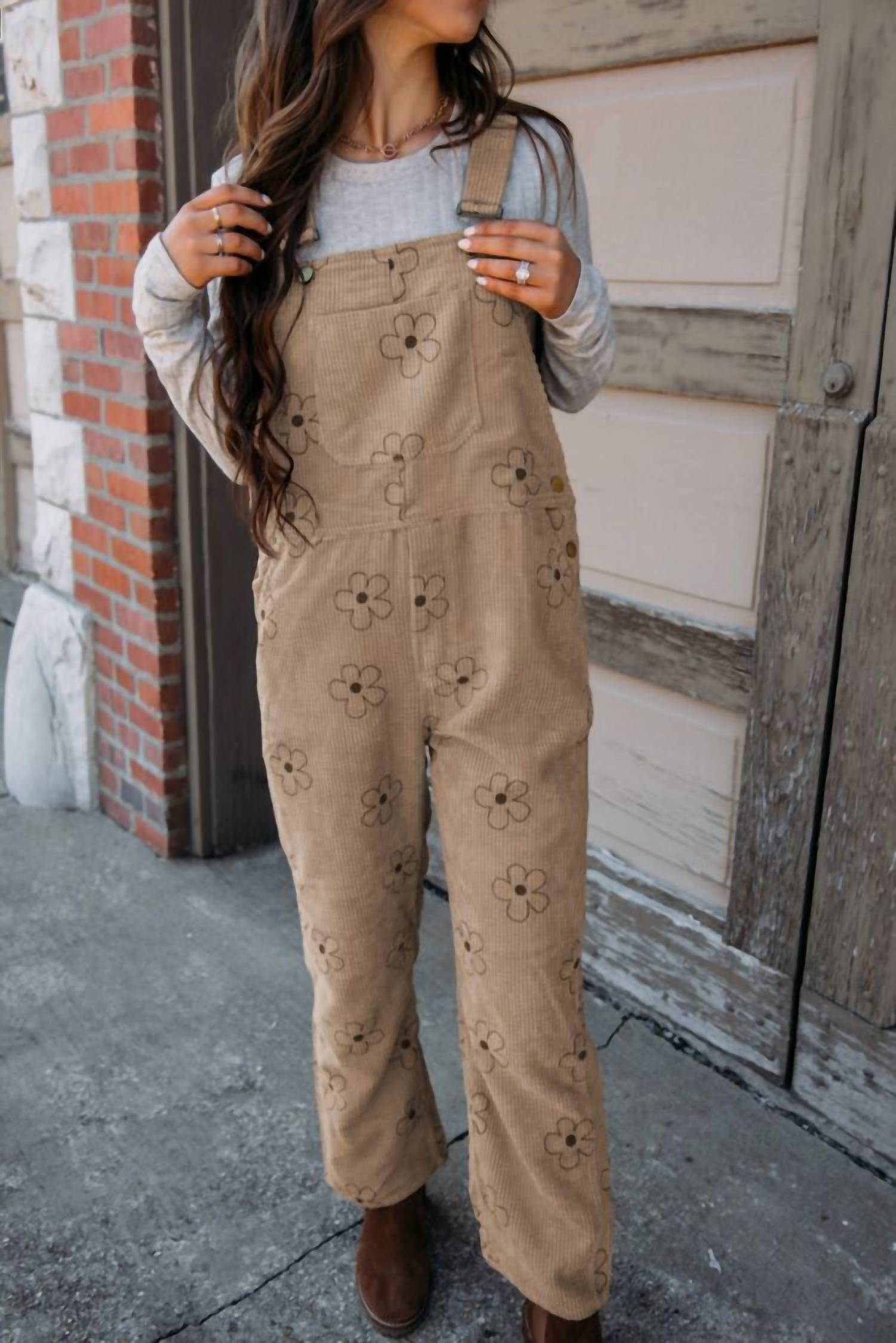 Umorger Flower Print Orduroy Overalls in khaki - women's jeans - detail view