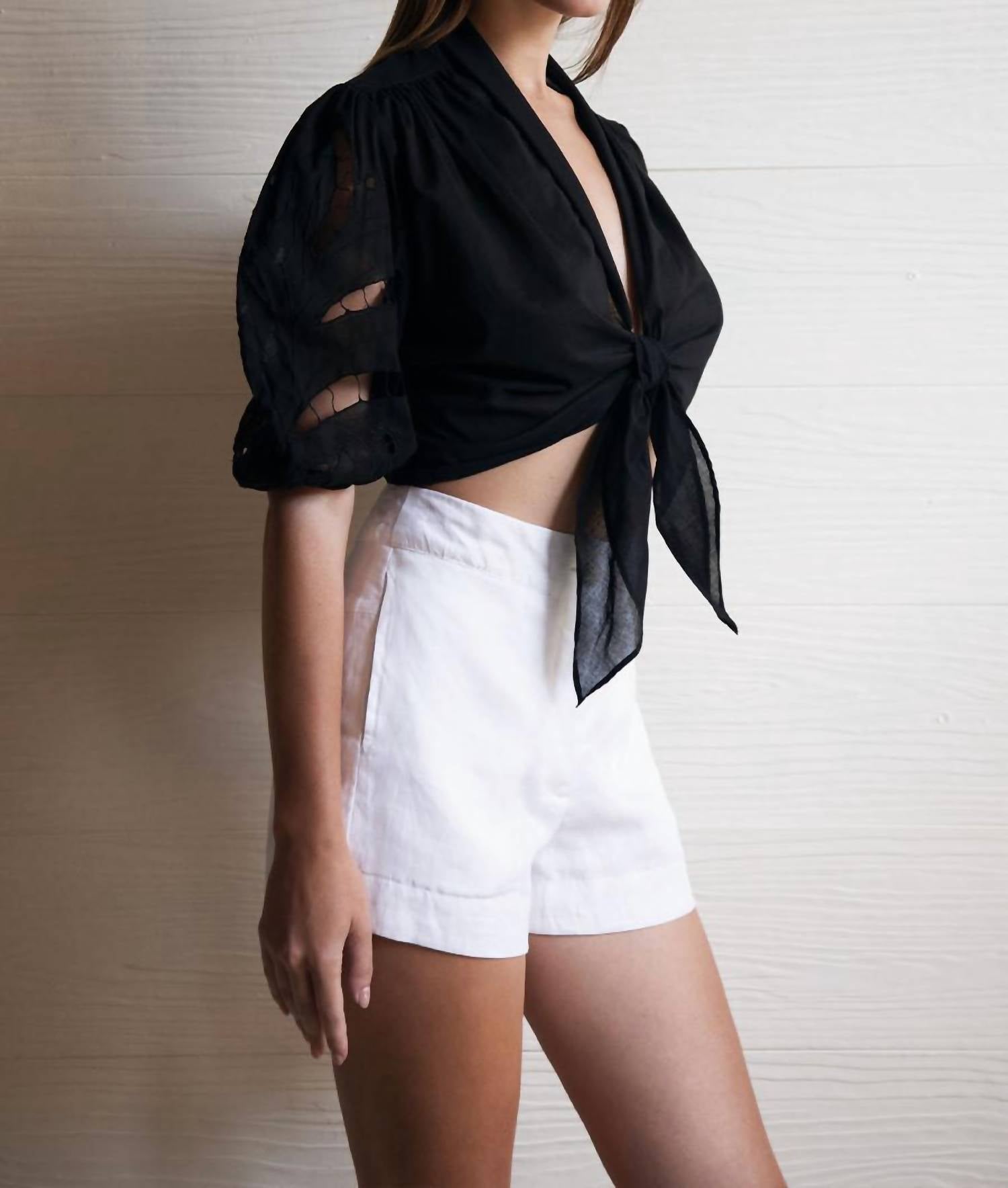 Uma and Leopold Ayla Embroidery Tied Top in black - women's blouse - detail view