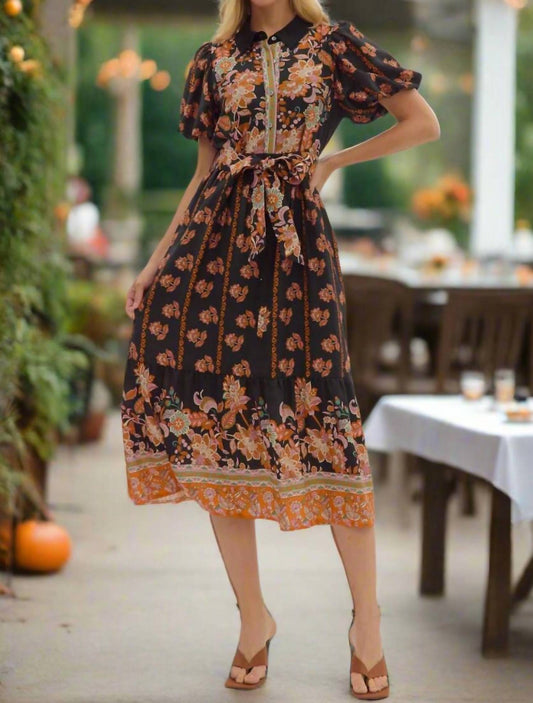 Entro - Botanical Print Puff Sleeve Midi Dress