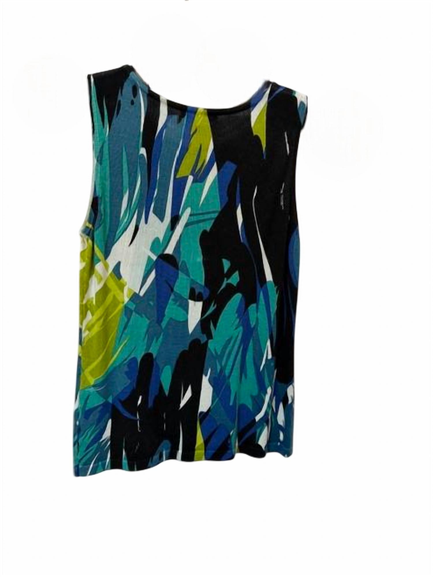 Cheryl Nash Women Printed Jewel Box Knit Tank Top in turquoise blue black lime - women's tank top - detail view