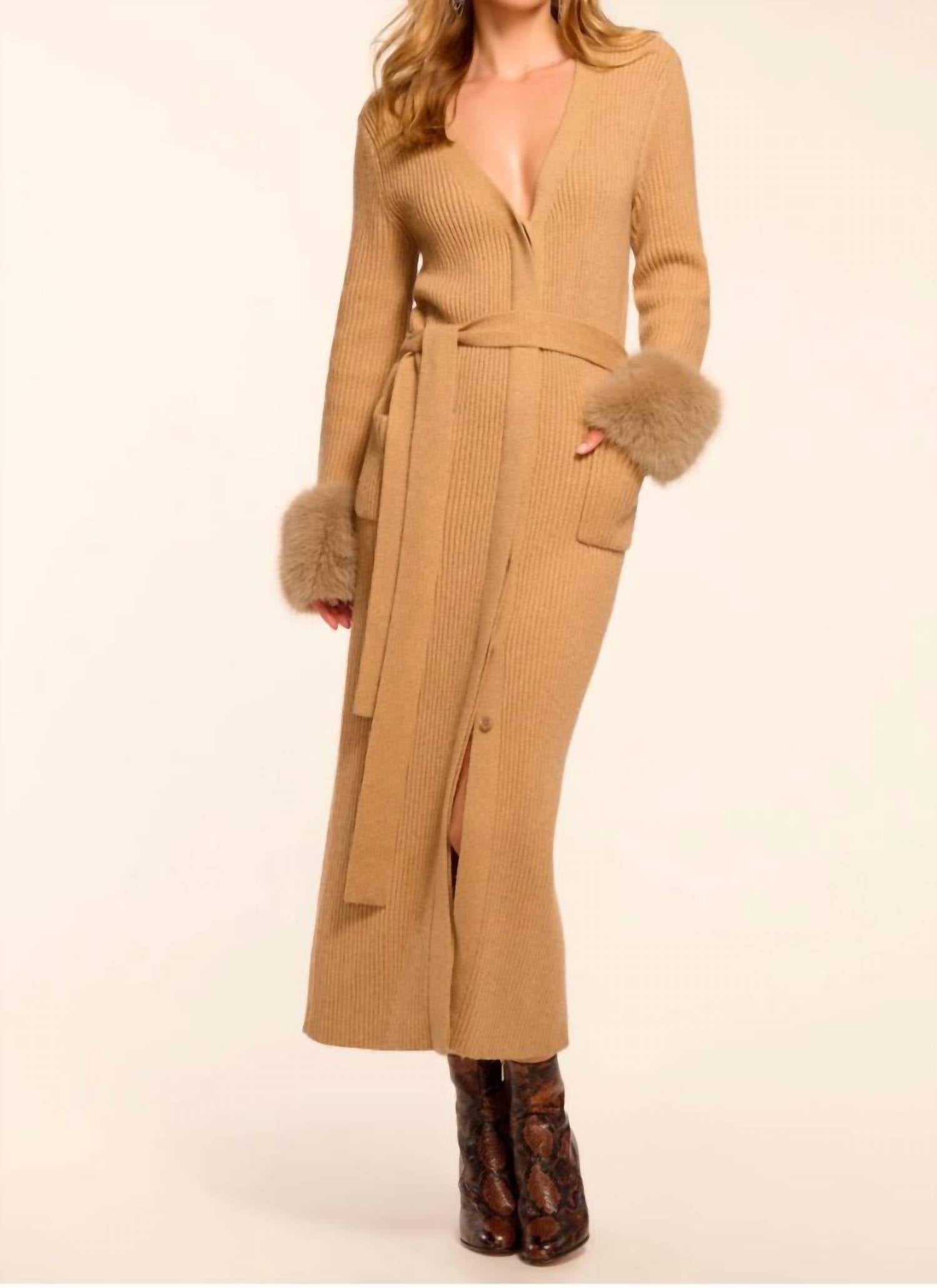 Ramy Brook Louise Wool Blend Faux Fur Trim Duster Sweater in camel - women's cardigan - alternate view