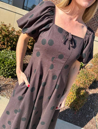 Aureum Polka Dot Linen Midi Dress in brown - women's dress - alternate view