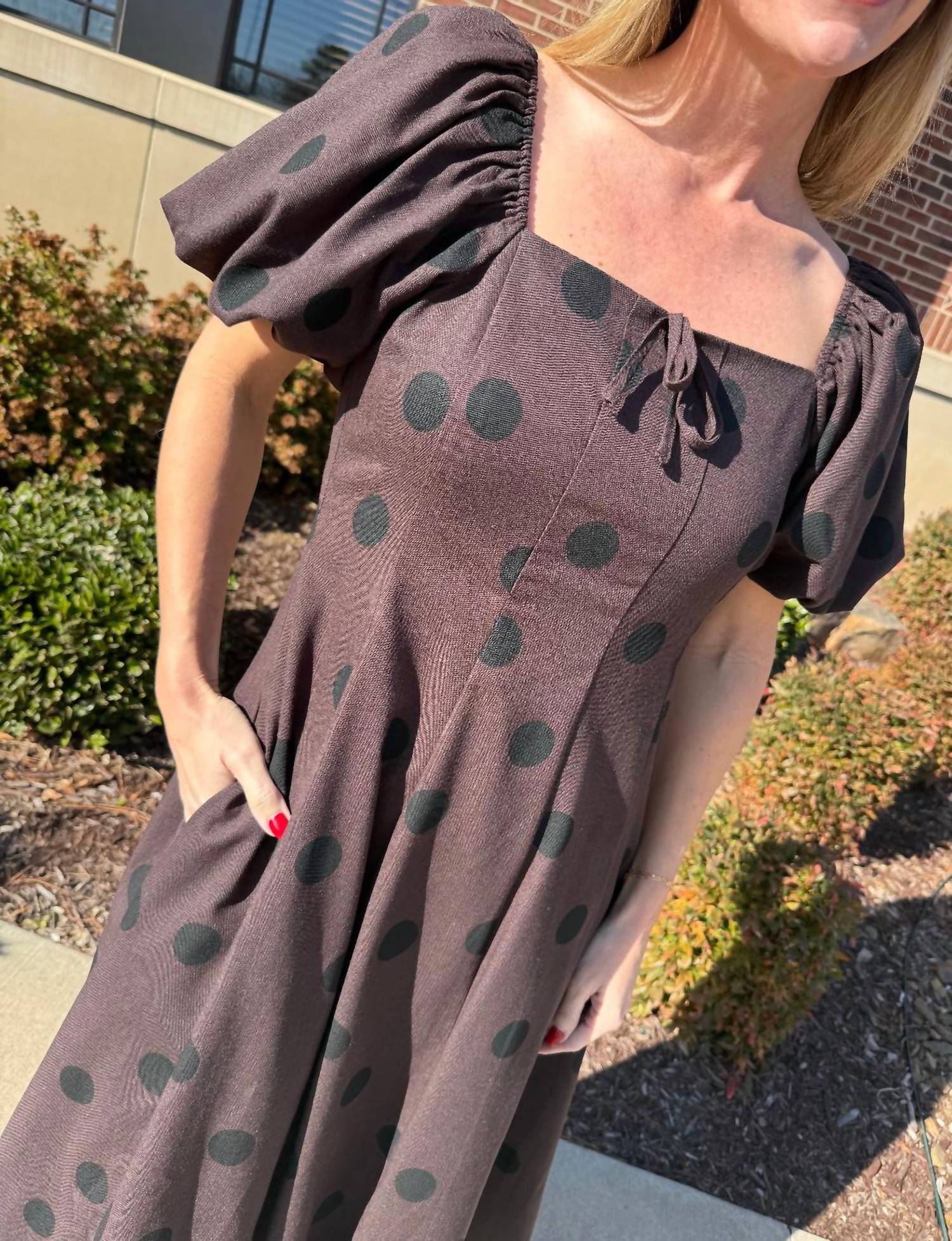 Aureum Polka Dot Linen Midi Dress in brown - women's dress - alternate view