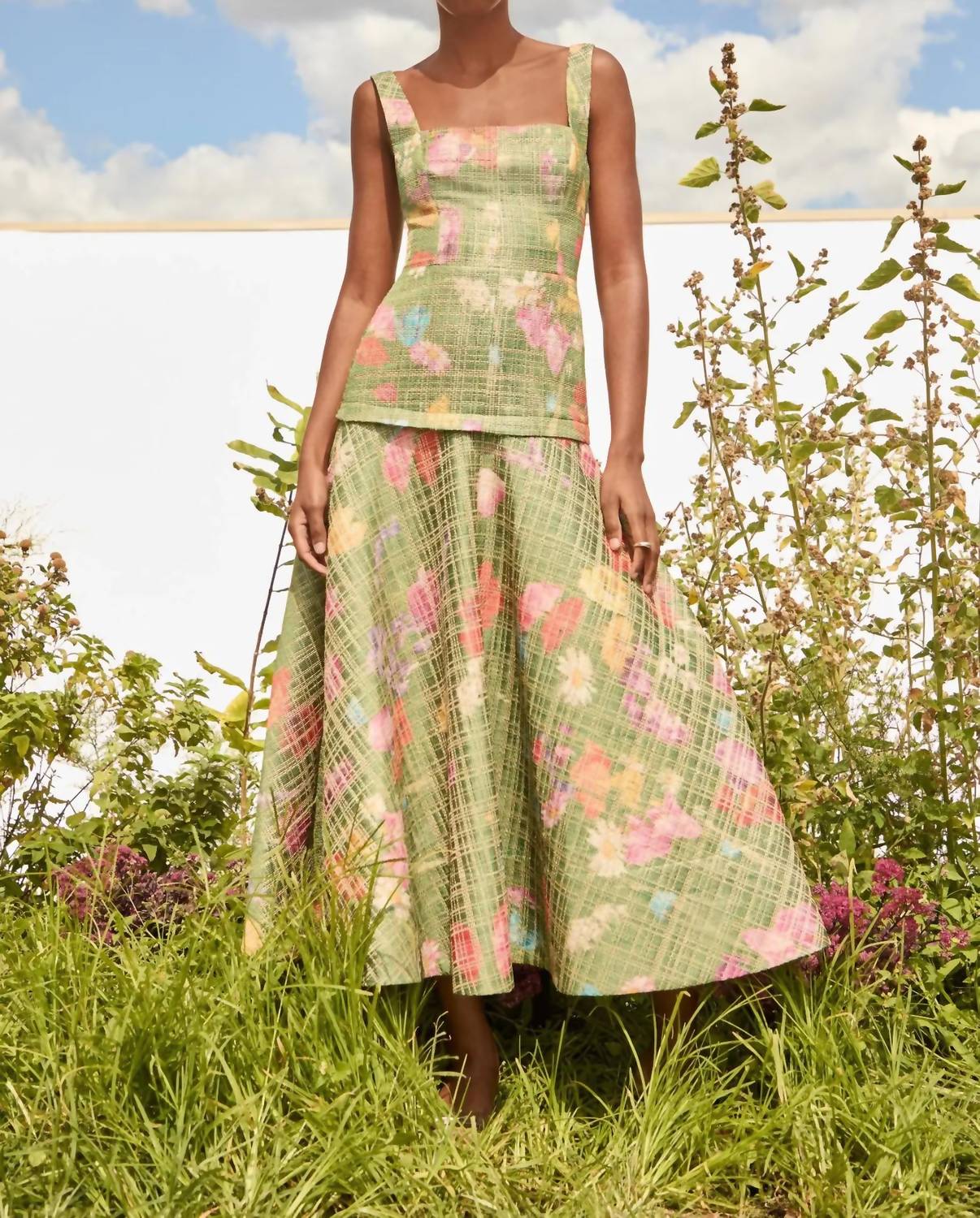 Lela Rose - FLORAL RAFFIA SQUARE NECK DRESS