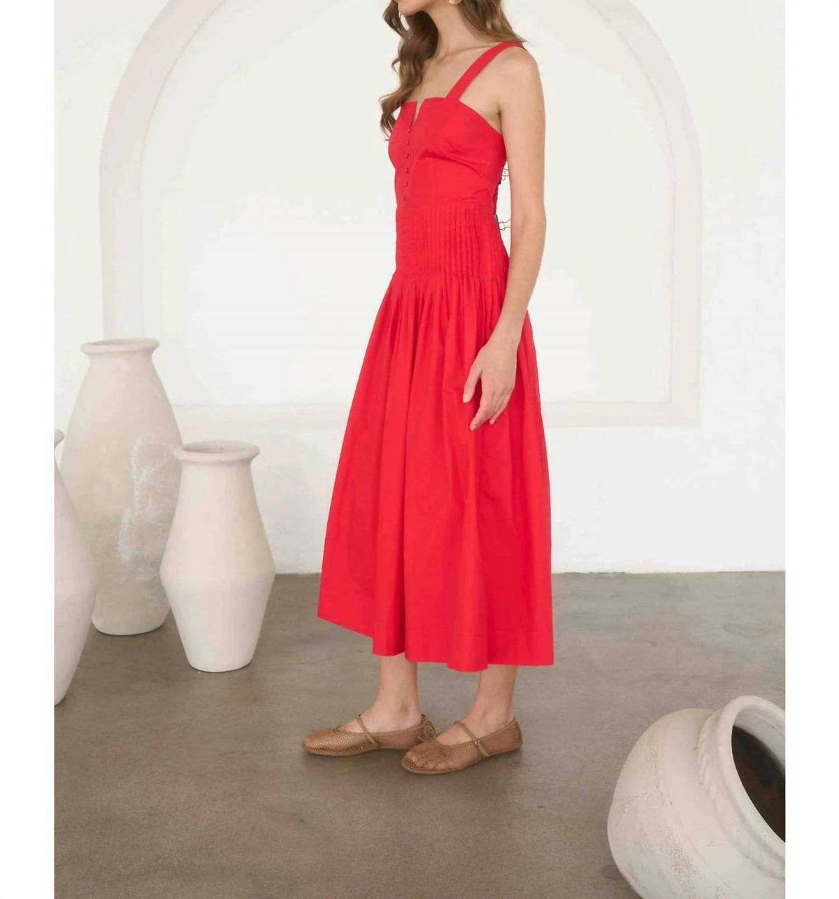 Moon River - Button Detail Pleated Waist Sleeveless Midi Dress