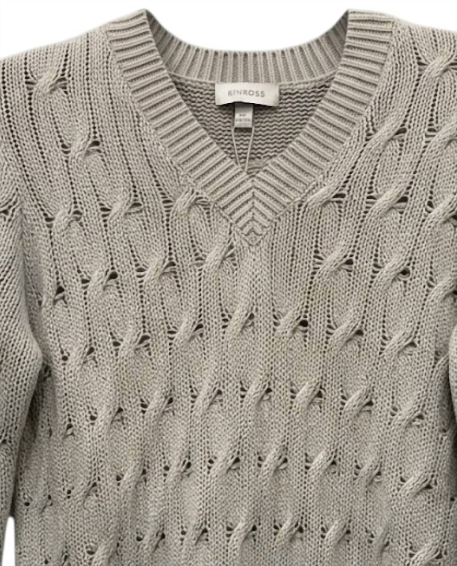 Kinross Women's Cable V-neck Sweater in stonewashed - women's sweater - detail view