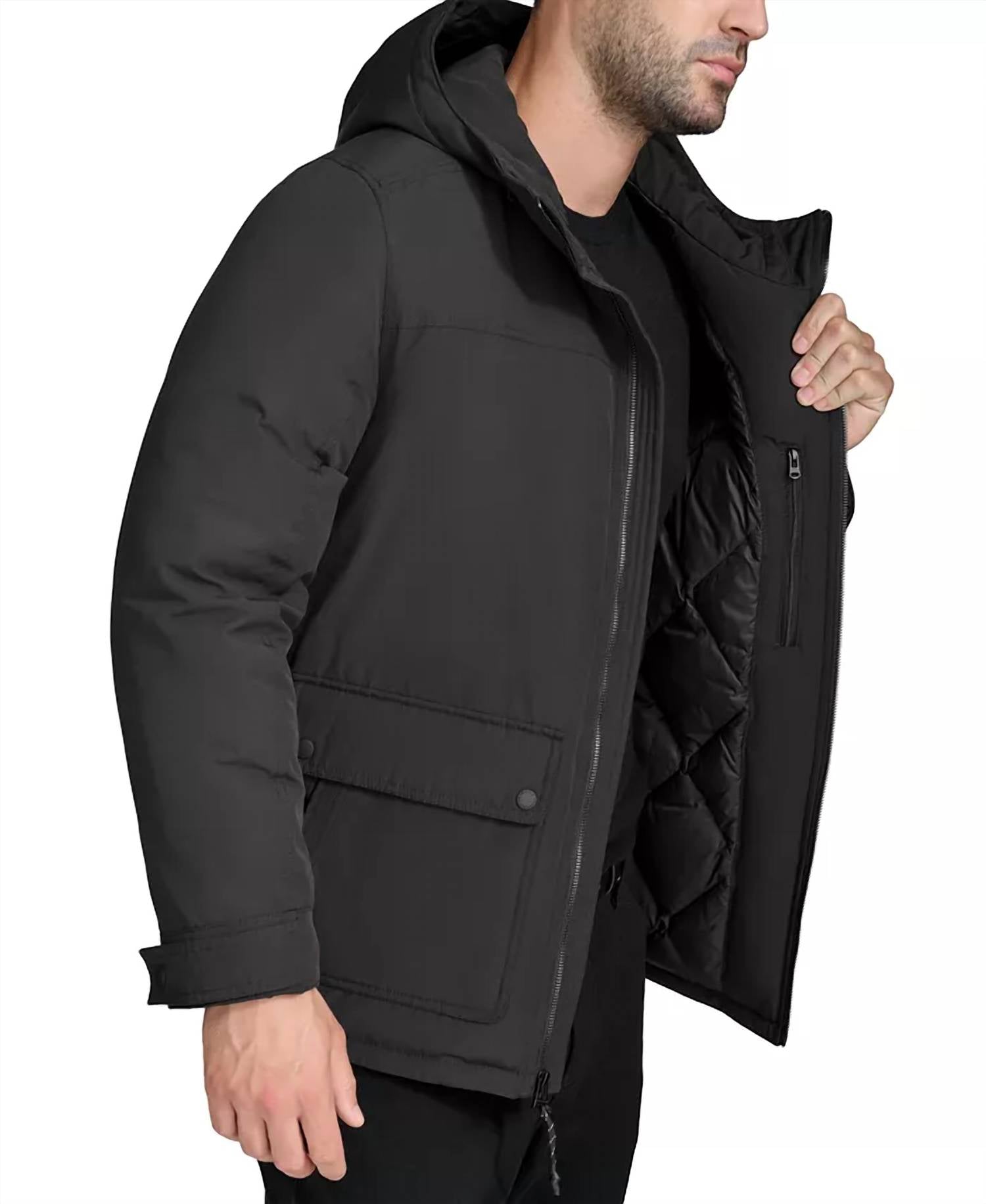 COLE HAAN Down Puffer Insulated Hooded Full Zip Jacket in black - men's jacket - view 4