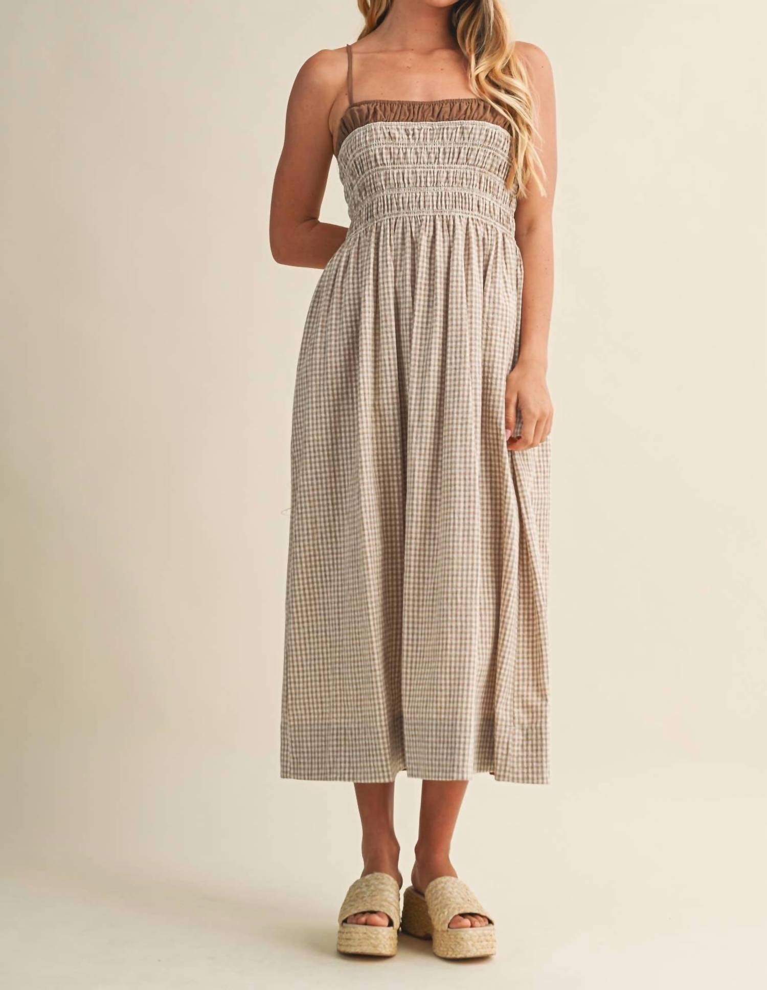 Mustard Seed Sunlit Meadow Smocked Gingham Midi Dress in brown - women's dress - view 4