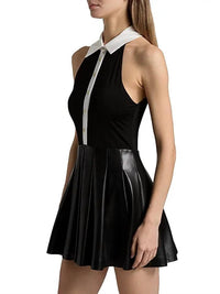 alice + olivia Tate Vegan Mini Dress in black off white - women's dress - detail view